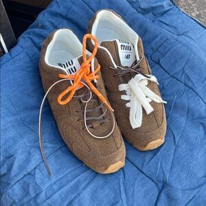 Miu Miu Brown Sneakers with Orange and Cream Laces